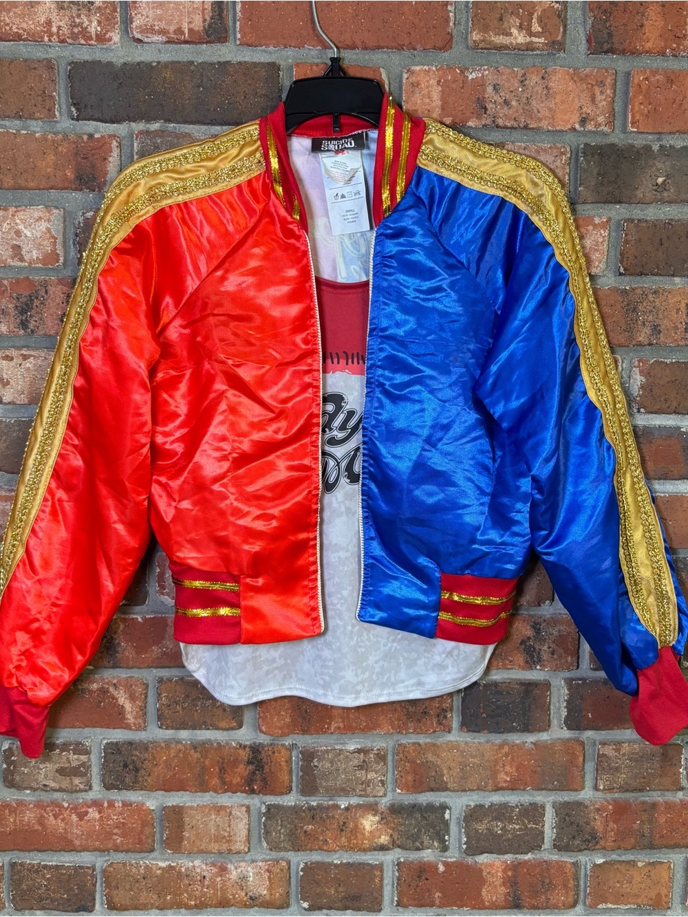 Harley Quinn Costume Red and Blue Satin Bomber Jacket with Gold Trim